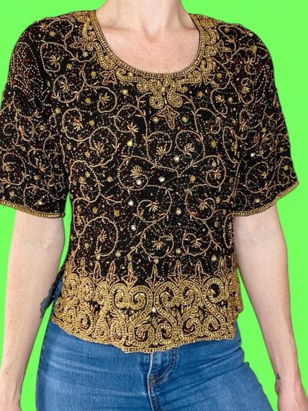 Vintage Paaneri Black Gold Beaded India Party Dress Blouse